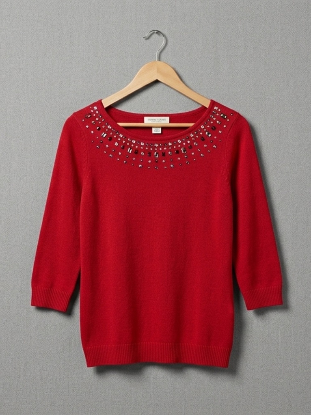 Cable & Gauge Red Rhinestone Embellished Knit Sweater Boat Neck Medium M